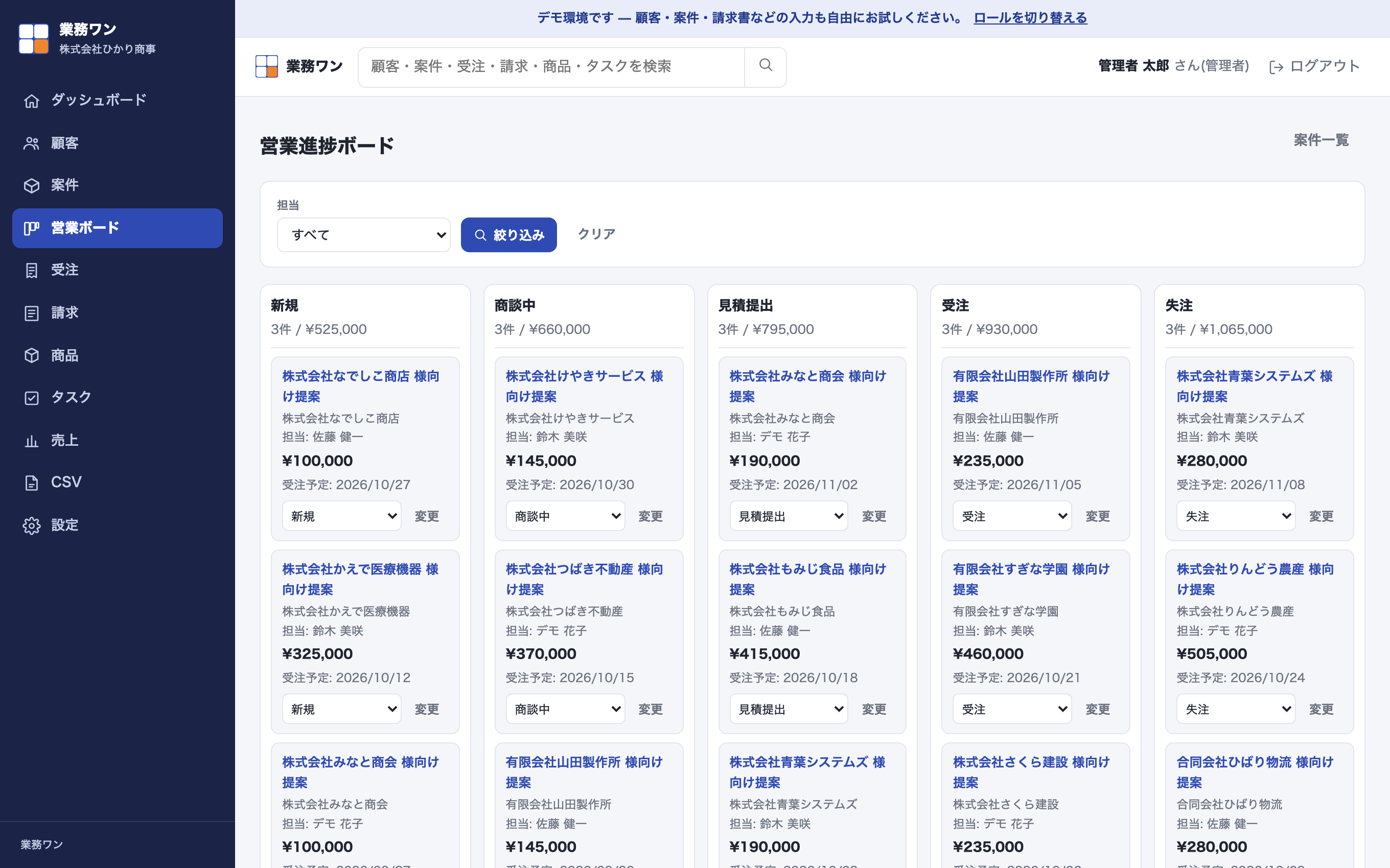 営業進捗管理の画面。商談中、見積提出、受注、失注などの状況が一覧で確認できる。
