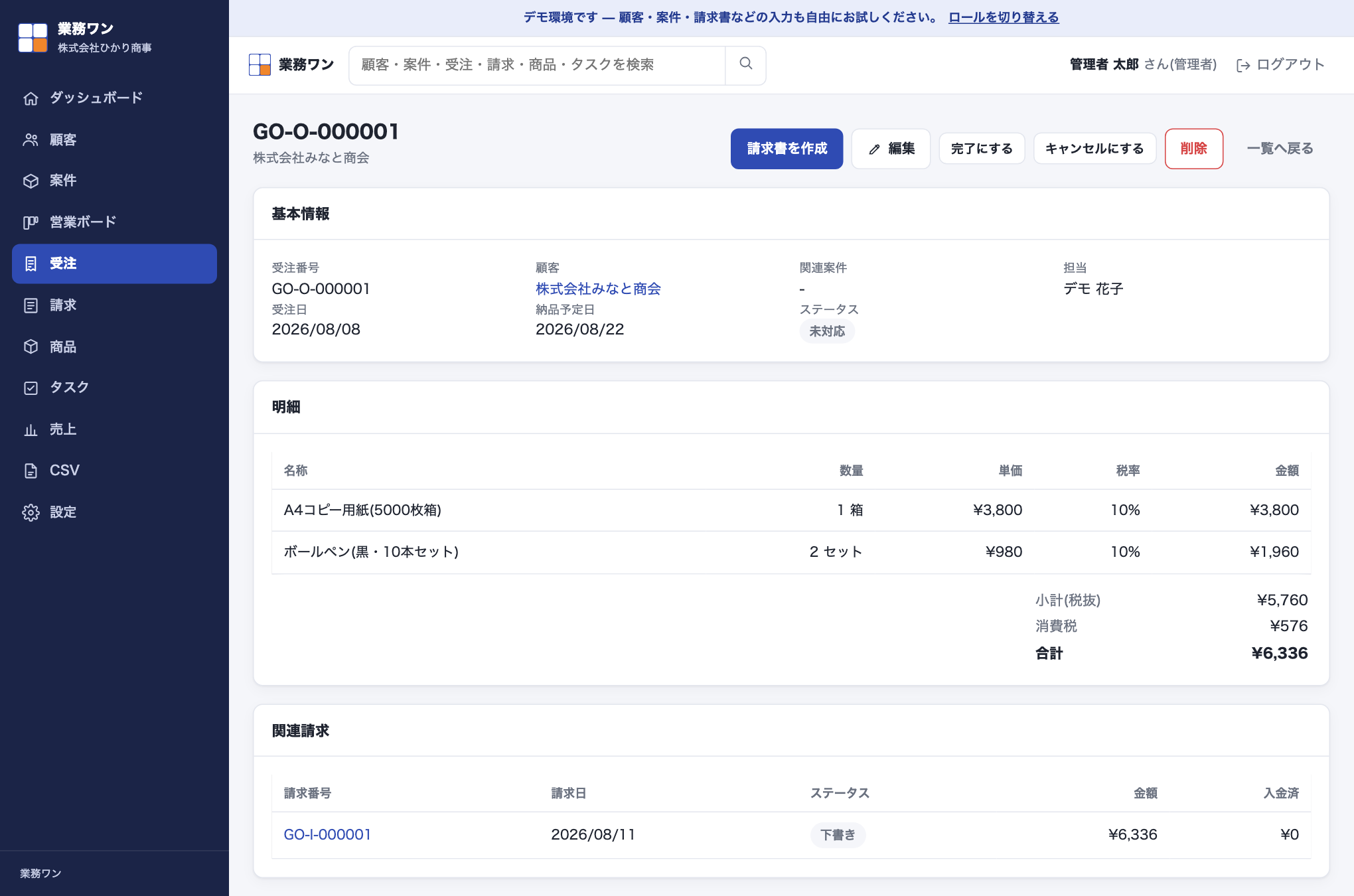 受注詳細画面。ページ上部の操作欄に「請求書を作成」ボタンと「編集」「完了にする」「キャンセルにする」ボタンが並び、下に明細と小計・消費税・合計が表示されている。